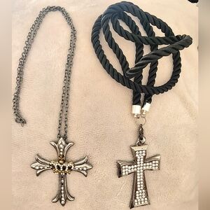 Vintage Unisex Large Stainless Steel Rhinestone Cross Necklaces Set
